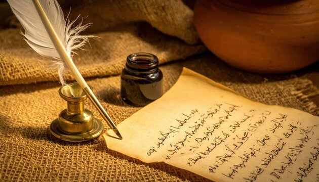 Ancient Scribe's Tools Featuring a Quill Pen, Inkwell, and Partially Written Papyrus Scroll
