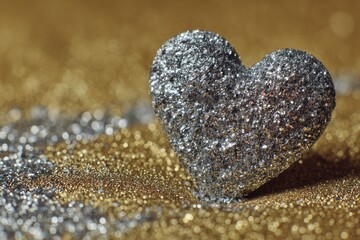 Fototapeta premium Glittering Silver Heart Shape on Bokeh Background Romantic Concept Macro Detail Soft Focus