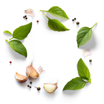 seasoning Culinary Herbs And Spices Frame Fresh Ingredients For Cooking Healthy Eating Basil Leaves