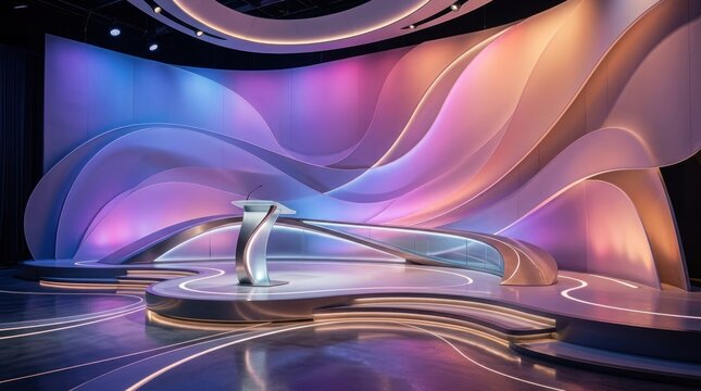 Futuristic studio stage with flowing metallic curves and neon abstract backdrop.