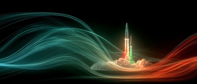 Rocket launches amidst flags: visualizing global unrest. Network signals. Fiery rocket launch with symbolic flags against a tense sky. Network connectivity. Information beams.