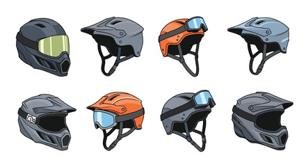 Naklejka premium Extensive collection of various sports helmets for cycling and motocross with goggles in different colors and modern designs.