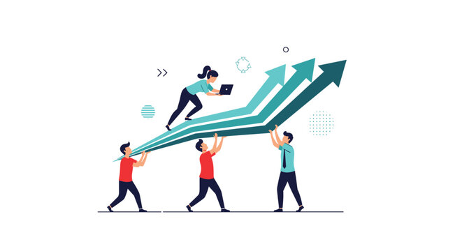 Business team working together to lift a growing success arrow representing growth and corporate achievement.