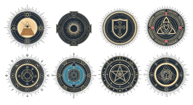 Collection of intricate mystical and occult symbols featuring geometric shapes, sun patterns, shields, and ancient esoteric designs in circular frames.
