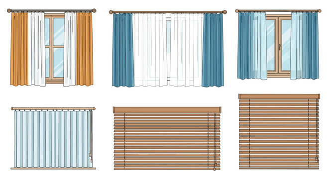 Variety of modern window treatments including layered fabric curtains, sheer drapes, and horizontal wooden blinds shown on different window frames.