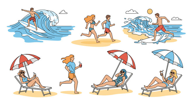 Colorful illustration of people enjoying summer beach activities including surfing, running, sunbathing on loungers, and relaxing under umbrellas.