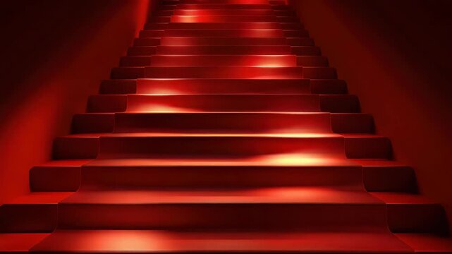 A modern staircase featuring red steps illuminated by LED lights