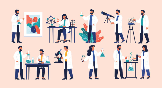 Groups of scientists and laboratory technicians performing various experiments and research tasks in a modern facility.