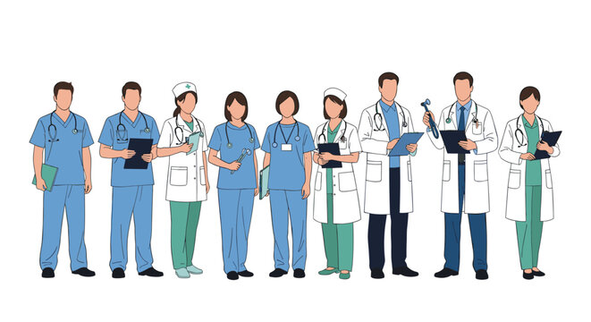 Group of diverse healthcare professionals including doctors and nurses in various medical uniforms and lab coats.