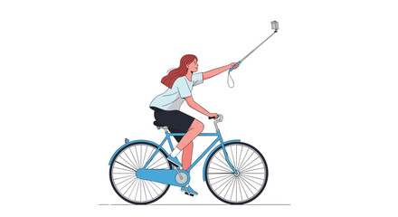 Fototapeta premium Young woman riding a bicycle and taking a selfie using a stick while commuting or enjoying a leisure activity in the city.
