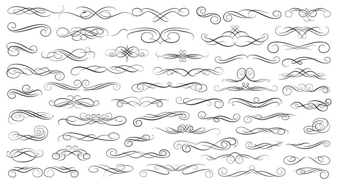 Extensive set of elegant black calligraphic flourishes, scrolls, and decorative headers for classic typography and invitation design.