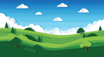 Fototapeta premium Beautiful green rolling hills and meadows are depicted in a layered paper cut style with fluffy white clouds and scattered trees.