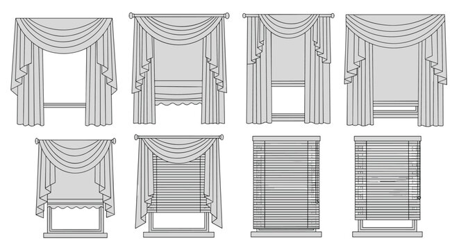Collection of different window treatment designs including classical drapes with valances and modern horizontal window blinds.