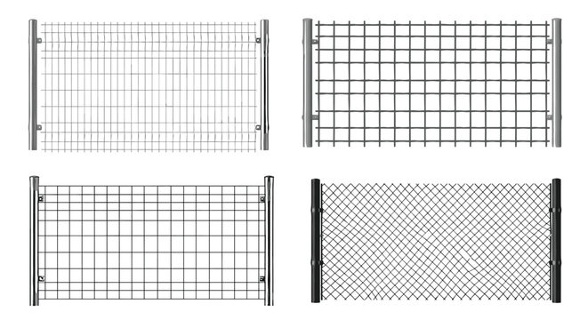 Different types of wire mesh and chain link fence panels are shown as technical drawings for security and boundary solutions.