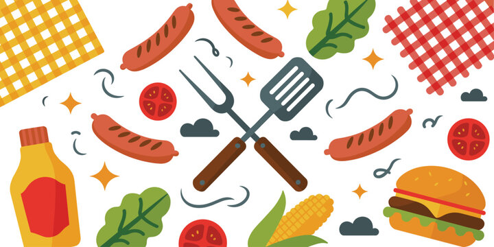 Barbecue grill party vector set featuring sausages burger mustard corn tomato spatula and fork tools for summer picnic food celebration designs