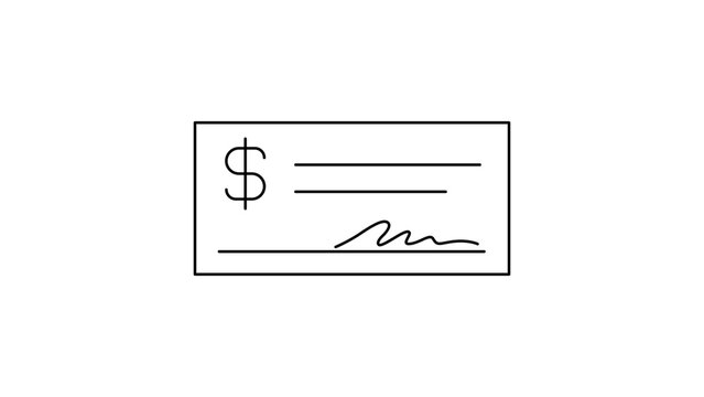 Minimalist black line vector icon illustration of a bank check or paycheck on a white background, featuring a dollar sign, signature line, and text fields, scalable outline for finance and banking.