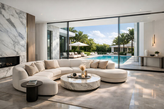 Modern Luxury Living Room with Curved Sofa and Pool View