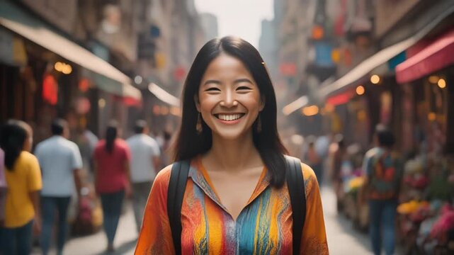 Smiling young Asian woman walking through a vibrant, bustling marketplace, enjoying the lively atmosphere and diverse stalls