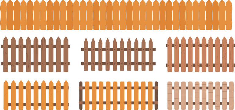 Wooden picket fence vector set with various timber textures and brown colors for garden backyard boundary and home exterior design elements