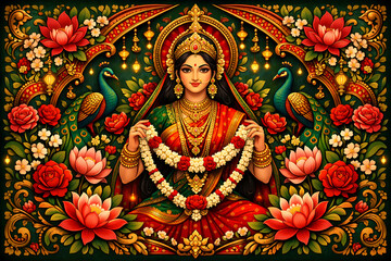 Obraz premium Traditional colorful illustration of devi sita holding floral garland with beautiful peacocks and red blooming lotuses celebrating the auspicious sita navami hindu festival puja background