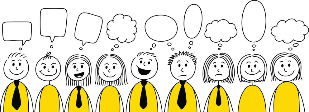 A diverse group of stick figures with various facial expressions and empty speech and thought bubbles