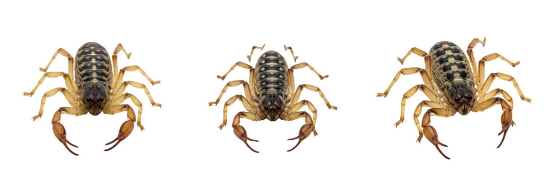 Pseudoscorpion Set Isolated on White Background: Three High-Resolution Macro Portraits of Book Scorpion for Nature, Science, and Arachnology Education Design Projects.