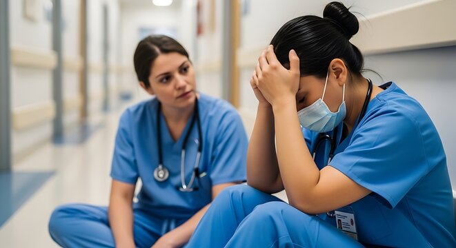 Two nurses in blue scrubs sitting on the floor of a hospital corridor looking stressed and exhausted during their shift
