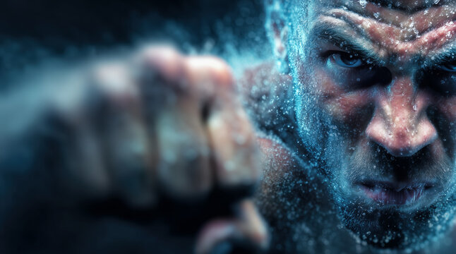 Intense Boxer Punching Through Water Particles Close-Up Portrait Showing Determination And Power