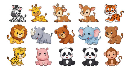 Obraz premium Collection of cute cartoon wild animals including lion elephant tiger and giraffe characters