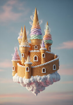Vertical Dreamy 3D rendered food art of a fairytale castle made from waffle cones and pastel swirl ice cream, floating on a fluffy cloud against a magical sunset sky with sparkling sprinkles.
