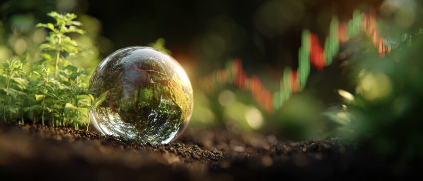 Ferns and sunlight: where the earth finds tranquil refuge. Market forecast. Slightly tilted crystal globe amongst greenery with gentle sun rays. Cryptocurrency trends. Profit signals.