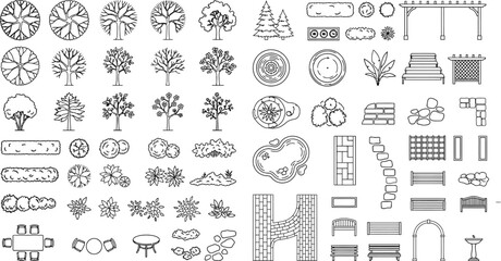 Top view landscape and garden elements vector set. Thin line garden planning icons of trees, plants, paths, ponds and outdoor structures for CAD landscape architecture and site plans © PrimePixel Co