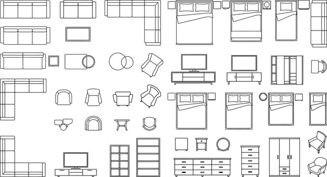 Top view home furniture floor plan vector set. Thin line interior icons of beds, sofas, chairs, tables, wardrobes and storage for apartment layout, CAD plans and architectural design