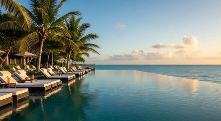 Fototapeta premium Stunning infinity pool overlooking the vast ocean with palm trees and lounge chairs at a luxurious tropical resort during a beautiful sunrise.