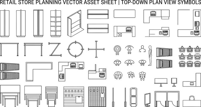 Top view retail store planning vector set. Thin line shop fixture icons for shelves, racks, counters and display units for retail layout, CAD plans, supermarket and mall design