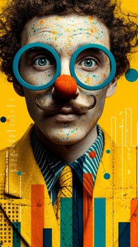 Celebration of humor with a wacky disguise on vibrant yellow. Growth strategy. Novelty glasses and joke nose on a lemon-hue background. Investment trends. Market analysis.