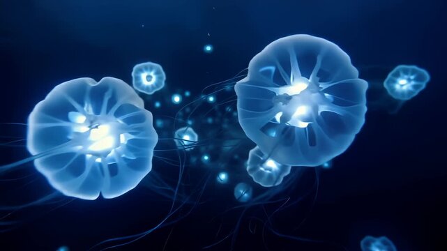 Floating luminous jelly-like forms pulsing in sync with soft music-like rhythm