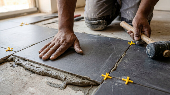 Tiler placing dark square tile on floor with mortar and using spacers and mallet