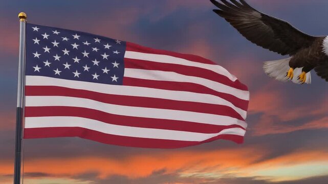 United States flag waving at sunset sky with soaring bald eagle, symbolizing patriotism, freedom, strength, and national pride.