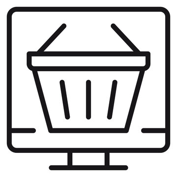 Minimalist black vector icon illustration of a computer monitor with a shopping basket on the screen, symbolizing online shopping, e-commerce, digital retail, and web store concepts.