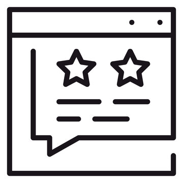 Vector icon illustration of a customer review or feedback on a website browser window, featuring stars and a speech bubble, representing online ratings, testimonials, and user experience.