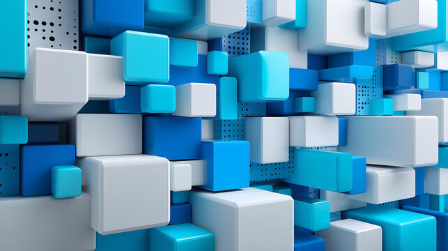 Abstract geometric arrangement of blue and white cubes creating depth and shadow, minimal 3D design concept, architectural digital art, with copy space