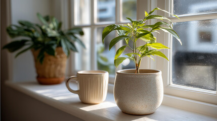 Fototapeta premium Minimal sunlit windowsill with a small potted plant and a ceramic cup, quiet morning lifestyle concept, slow living still life photography, with copy space