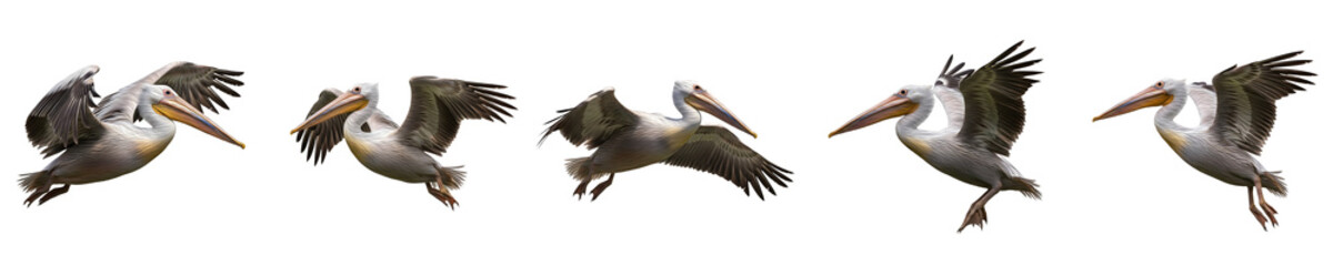 Fototapeta premium Flying Pelican Bird Motion Sequence Isolated on White Background: Set of 5 Detailed High-Resolution Action Poses for Graphic Design, Wildlife Illustrations, and Web Assets.