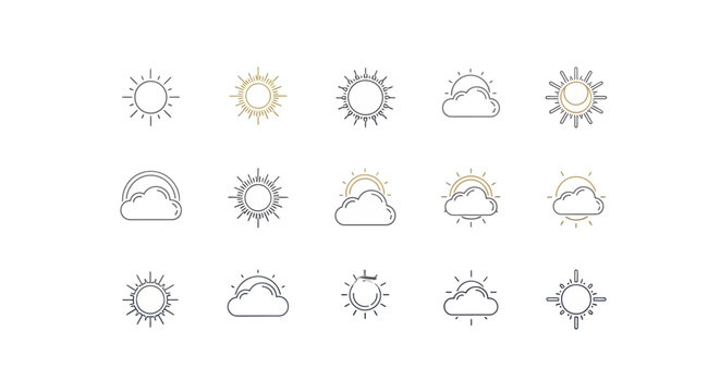 Minimalist weather icon set featuring sun, clouds, and radiant elements for various themes