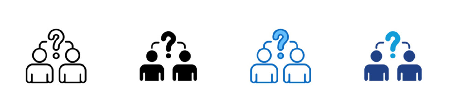 User Confusion Multiple Style Icon Design Vector - Two users with question marks representing uncertainty, decision difficulty, and problem clarification