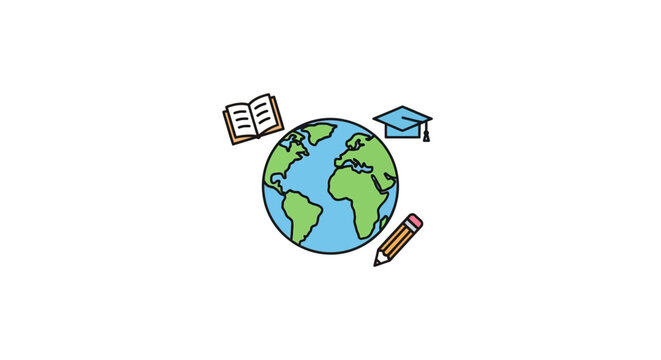 Global education concept illustrated with school supplies surrounding the world globe