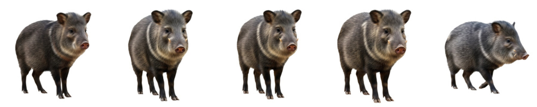 Collared Peccary (Javelina) Portraits - Wild Pig-like Mammal Isolated on White Background