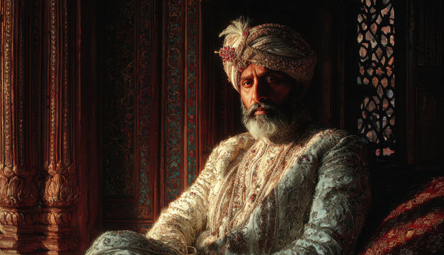 Majestic portrait of an elderly Eastern ruler in traditional turban and silk robe, cinematic historical painting of noble Indian or Persian man, orientalist fine art background