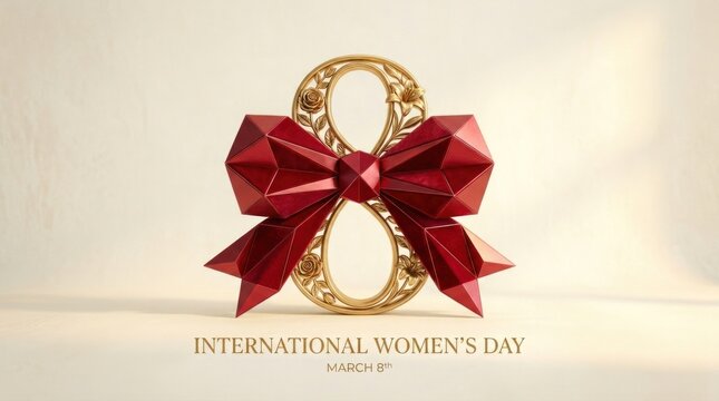 Golden figure eight adorned with a red bow for International Women's Day celebration.